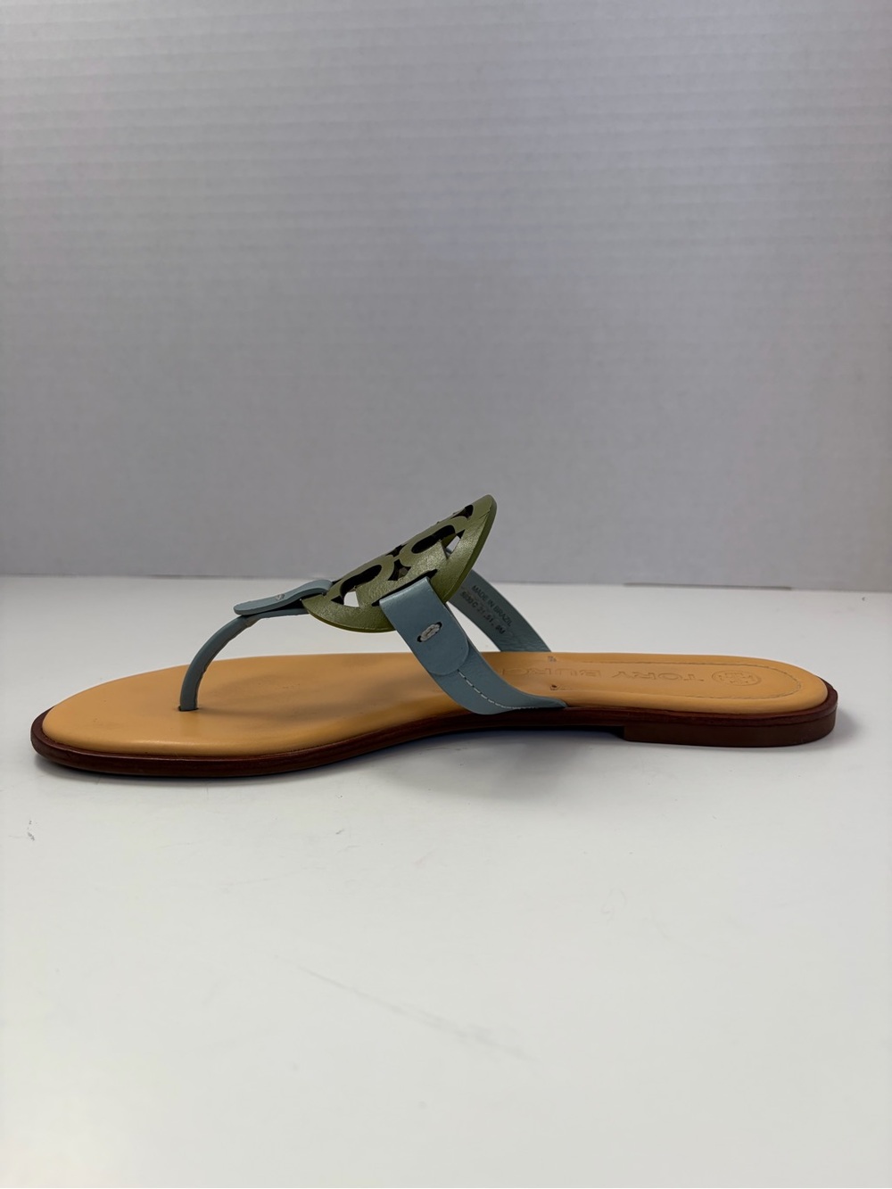 Tory Burch Miller Sandals Double T Logo Leather Green Tan Northern Blue Size 9M - Picture 13 of 16